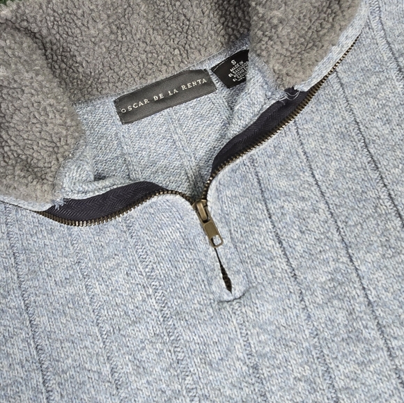 Oscar De LA Renta | Textured Stripe Waffle Knit Mock Neck Sherpa Collar Pullover - Picture 3 of 15